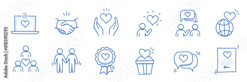 Charity hand, trust community doodle line icon. Charity community, partnership, people solidarity concept icon set. Hand drawn doodle sketch style line. Vector illustration