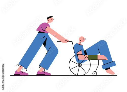 Volunteer carries man in wheelchair, helping other people. Voluntary altruistic activity. Getting assistance. Charity and donations. Vector flat illustration in blue colors