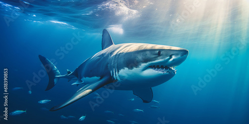 great white shark swimming in the deep blue ocean, generative ai © CROCOTHERY
