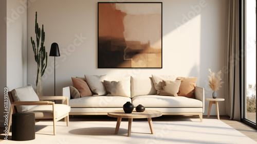 Stylish Living Room Interior with an Abstract Frame Poster  Modern Interior Design  3D Render  3D Illustration