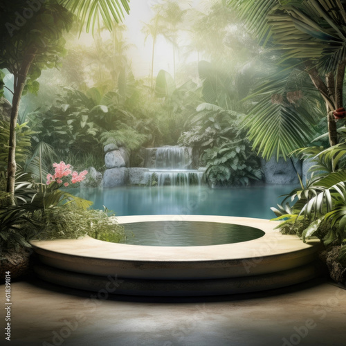 Stone platform pedestal in tropical forest for product presentation and green forest © mirexon