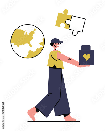 Male holding box and helping people all over world. Man doing donation and charity. Care for environment and helping other people. Vector flat illustration in blue and green color