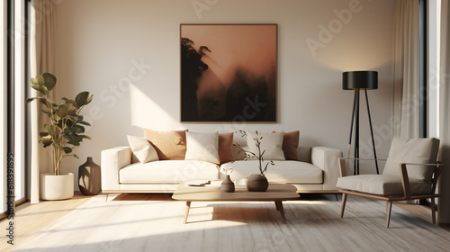 Stylish Living Room Interior with an Abstract Frame Poster  Modern Interior Design  3D Render  3D Illustration