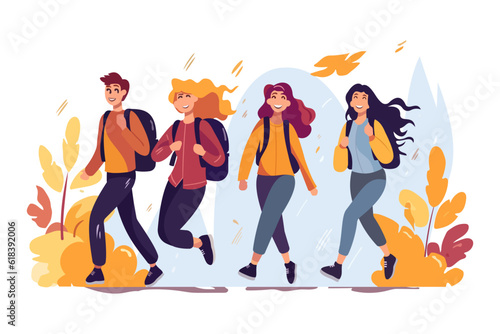 High school students with backpacks go to school. Schoolchildren with school backpacks go to school. Cheerful schoolchildren. vector Vector illustration.