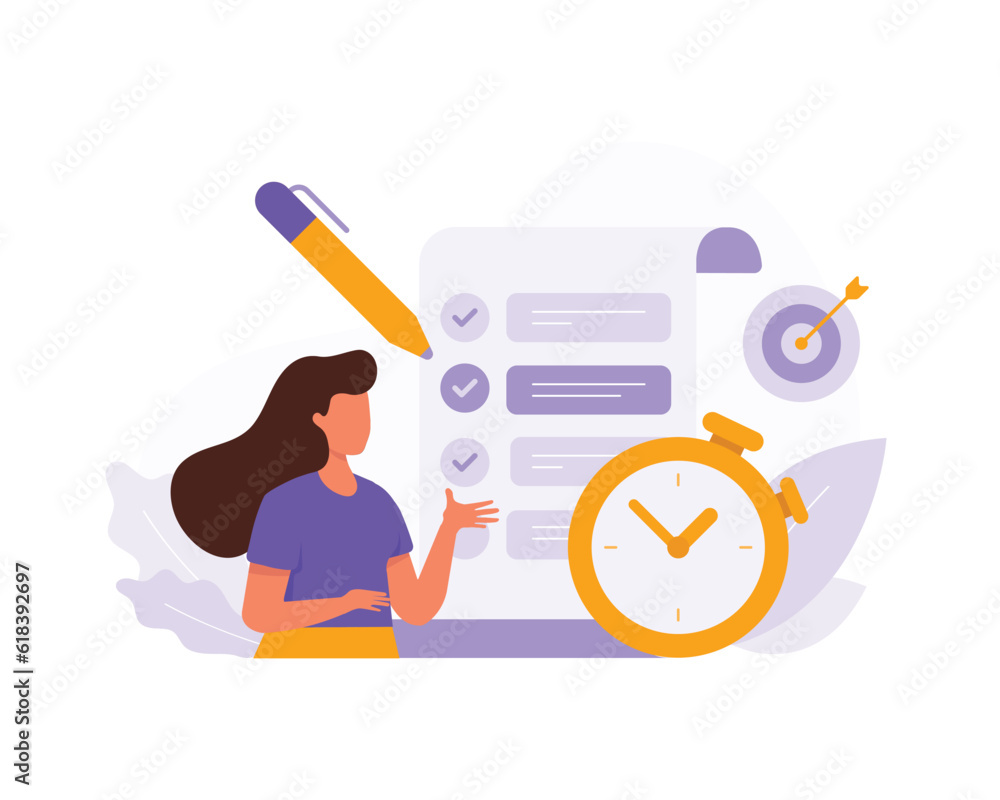 Lady completes tasks and notes on calendar. Cartoon character practicing time management efficiency in business. Process of organizing time when working. Good business productivity process. Vector Lady completes tasks and notes on calendar. Cartoon character practicing time management efficiency in business. Process of organizing time when working. Good business productivity process. Vector