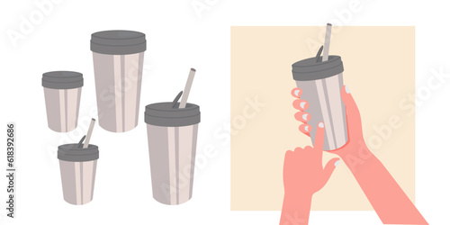 Human hands holding plastic cups with drink and straws. Hand holding a tumbler with stainless steel straw. Flat vector illustration. Dessert concept.