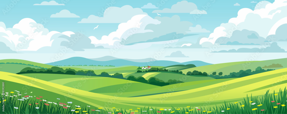 Beautiful landscape vector illustration of mountains, forests, fields and meadows. Stunning panoramic farm landscape with mountains in the background. Natural landscape
