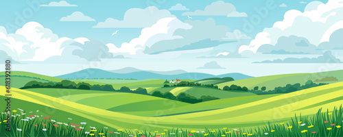 Beautiful landscape vector illustration of mountains, forests, fields and meadows. Stunning panoramic farm landscape with mountains in the background. Natural landscape © LoveSan