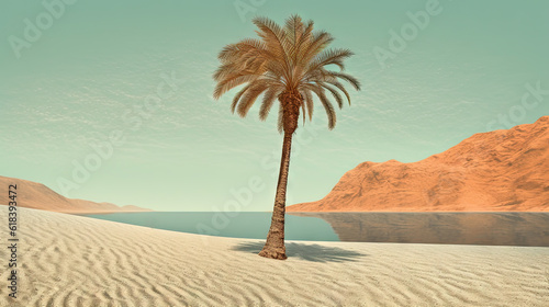 Palm tree on the sand of the beach. Vacation scene with palm on the shore line. Generative AI.