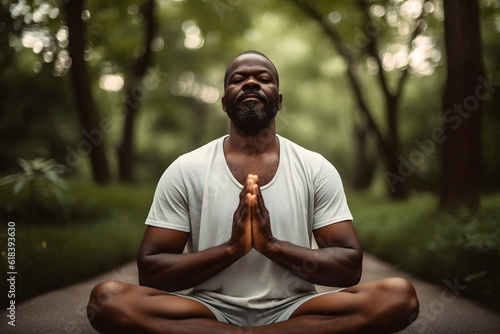 A middle-aged man of African American heritage enjoying a peaceful yoga session in a serene park, finding balance and serenity in his daily routine. Generative AI