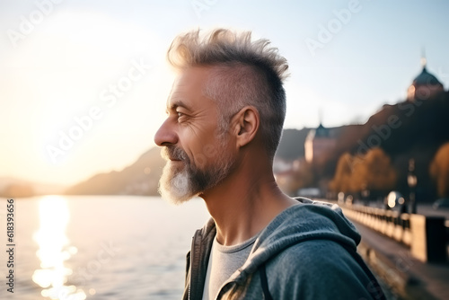 A middle-aged man of Caucasian background enjoying a morning jog along a picturesque waterfront, staying active and embracing the beauty of nature. Generative AI