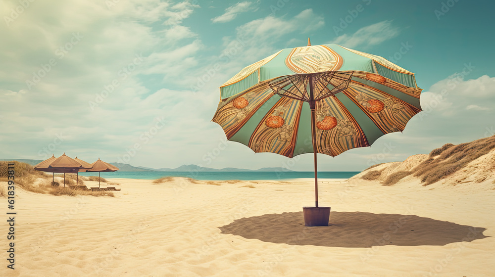 Umbrella on the hot sand of the beach. Grungy card with vacation scene of parasol on the shore line. Generative AI.