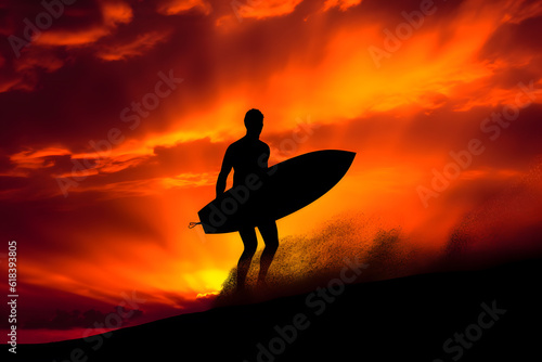 Silhouette of a surfer catching a wave at sunset  against a vibrant sky. Generative AI
