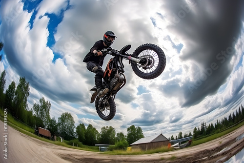 Dramatic wide-angle capture of a motorcycle stunt rider performing a daring trick mid-air, capturing the adrenaline and precision of the maneuver. Generative AI