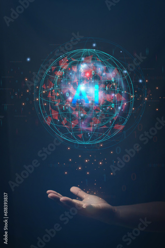 Businessman showing hologram Ai exchange industrial system technology Industrial cloud technology concept
