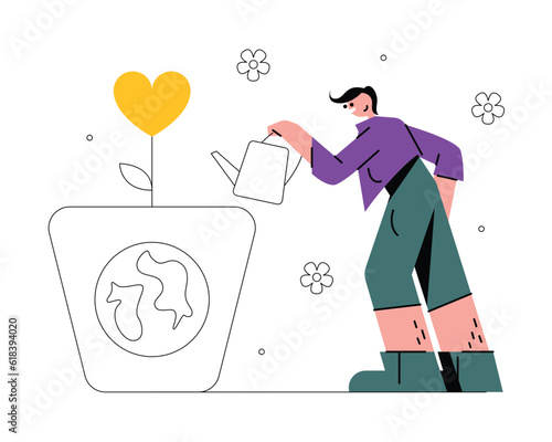 Young man from volunteering organization watering plant, supporting environment. Help from humanitarian aid organization. Concept of saving nature. Vector flat illustration