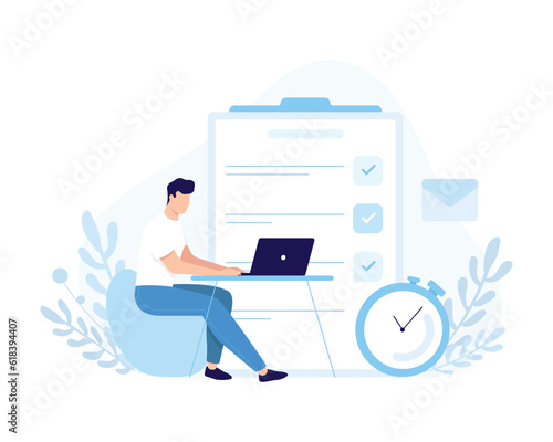 Male sitting at table and working on laptop, planning work time. Successfully time management. Process of active work, business concept. Vector flat illustration in blue colors