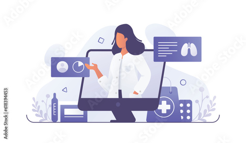 Online meeting with female doctor, treatment prescription and advice. Cartoon character providing modern healthcare service via Internet. Process of giving online consultations to patients. Vector
