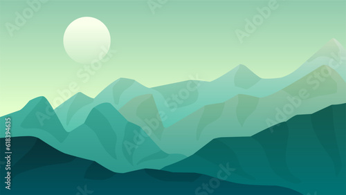 Mountain landscape vector illustration. Green mountains ridge in the morning with clear sky. Mountain range landscape for background  wallpaper  display or landing page. Vector gradient style