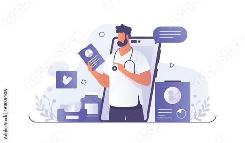 Medical worker holding medical card, giving prescription to patient. Cartoon character providing modern healthcare service via Internet. Process of giving online consultation. Vector flat illustration