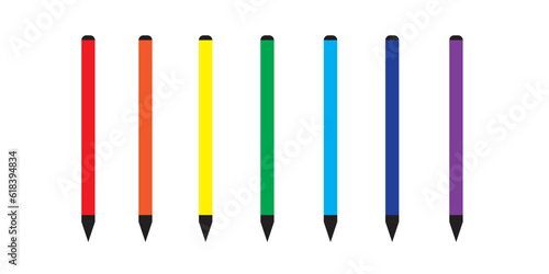 Color marker. Felt tip of marker. Pencil for highlight. Permanent palette of pens. Set of felt tips with green, red, yellow, blue and black colors. Crayons isolated