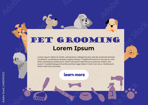 Social media post templates for pet shop, dog grooming and sale promotion. Cute and modern design with dogs, grooming tools. Vector cartoon illustration for flyers, web pages.