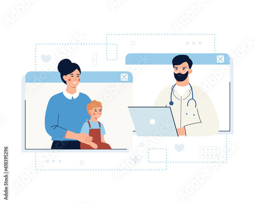 Young lady with son talking online with therapist via tablet. Modern online healthcare services. Process of giving remote consultations to patients. Vector flat illustration in blue colors