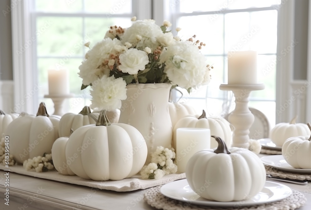 Elegant Thanksgiving autumn table setting with pumpkins, generative ai