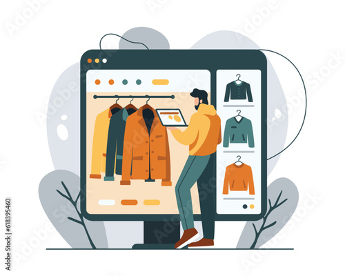 Male holding tablet and order clothes in web store. Big sales and discounts during online shopping. Purchase of goods via Internet. Vector flat illustration in orange colors