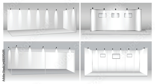 set of realistic trade exhibition stand or white blank exhibition kiosk or stand booth corporate commercial. eps vector