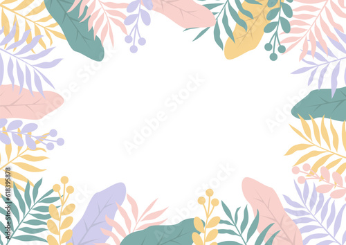 Colorful tropical leaves and flowers poster background vector illustration