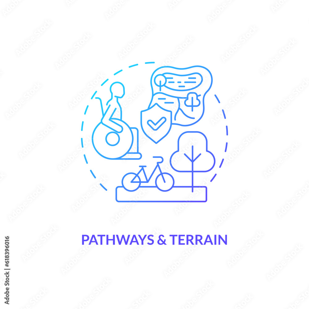 Pathways and terrain blue gradient concept icon. Wheelchair access. Mobility aid. No barrier. Safe environment. Outdoor space abstract idea thin line illustration. Isolated outline drawing Pathways and terrain blue gradient concept icon. Wheelchair access. Mobility aid. No barrier. Safe environment. Outdoor space abstract idea thin line illustration. Isolated outline drawing