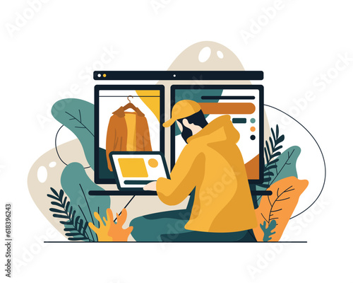 Young man sitting at table with laptop and order jacket online. Big sales and discounts during online shopping. Purchase of goods via Internet. Vector flat illustration in orange and blue colors