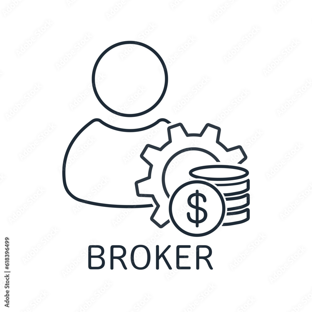 professional intermediary. Registration of transactions in the stock market. Broker. Vector linear icon isolated on white background.