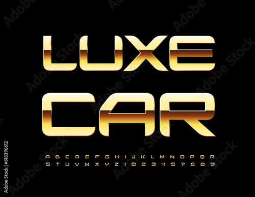 Vector Golden Emblem Luxe Car. Modern Creative Font. Luxury Alphabet Letters and Numbers