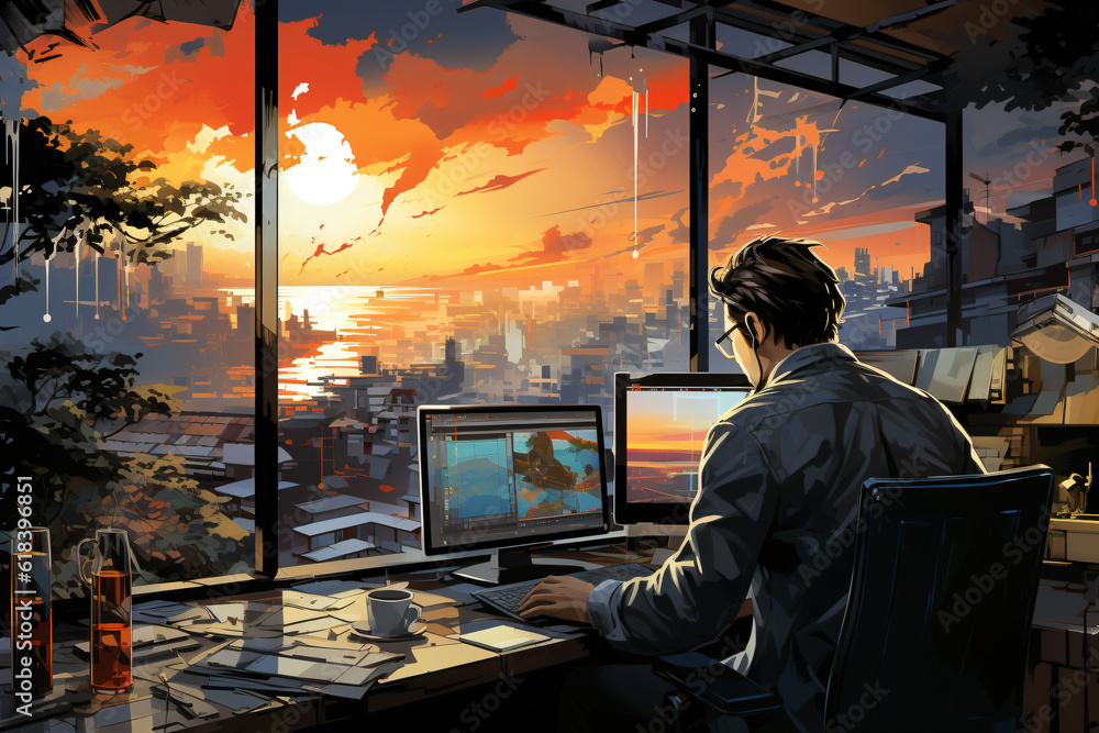 finance analyst trading stocks in a modern office in painting style