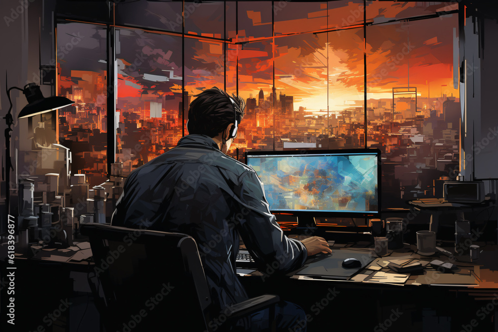 finance analyst trading stocks in a modern office in painting style finance analyst trading stocks in a modern office in painting style