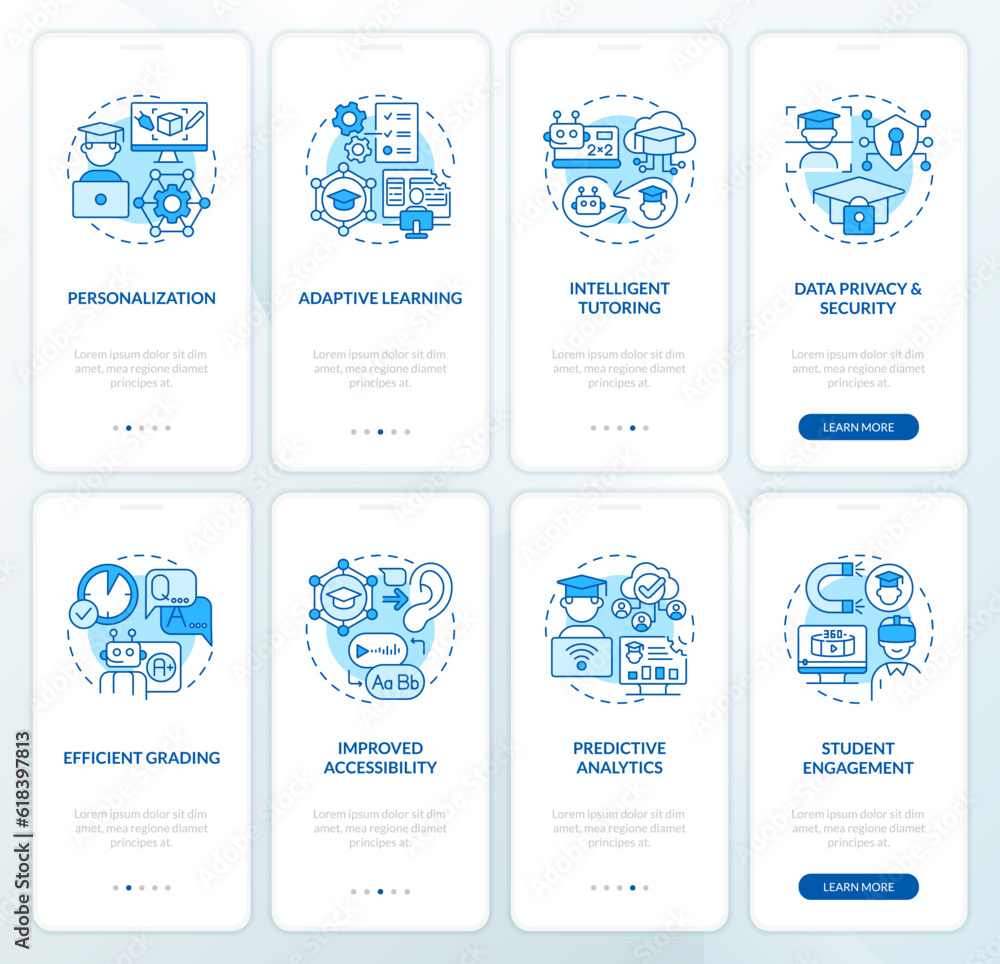 2D blue icons representing AI in education, graphic instructions with linear concepts, app screen. 2D blue icons representing AI in education, graphic instructions with linear concepts, app screen.