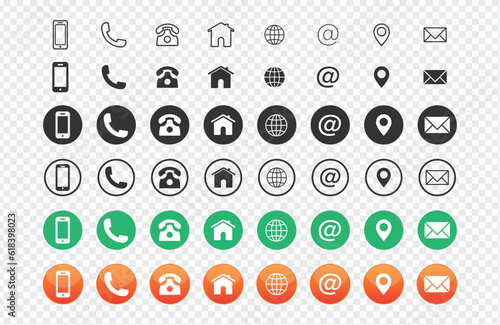 Business card contact information icons. Web icon set. Website icon set, vector,  6 Style Contact information.