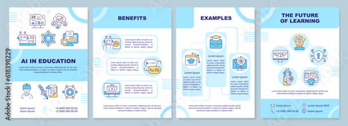 AI in education blue brochure template  leaflet design with linear icons. 4 vector layouts representing futuristic learning.