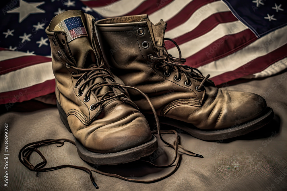 Old military combat boots with dog tags and two small American flags.AI ...