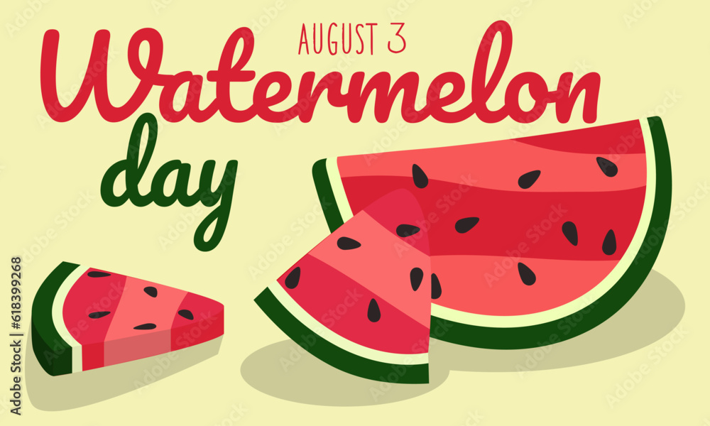 Watermelon Day, August 3. Background with congratulations for the American holiday. Cartoon watermelon slices on yellow in retro style. Vector illustration for poster, sticker, banner, postcard Watermelon Day, August 3. Background with congratulations for the American holiday. Cartoon watermelon slices on yellow in retro style. Vector illustration for poster, sticker, banner, postcard