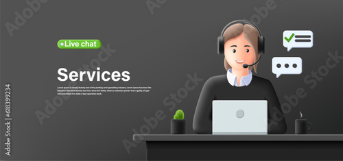 3d render illustration banner of online live chat support persone in front of laptop with headset on at working place, digital banner
