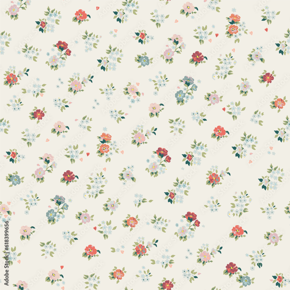Fashionable pattern with small flowers on a light background. Seamless botanical print with various floral elements. Collection of vintage textiles.