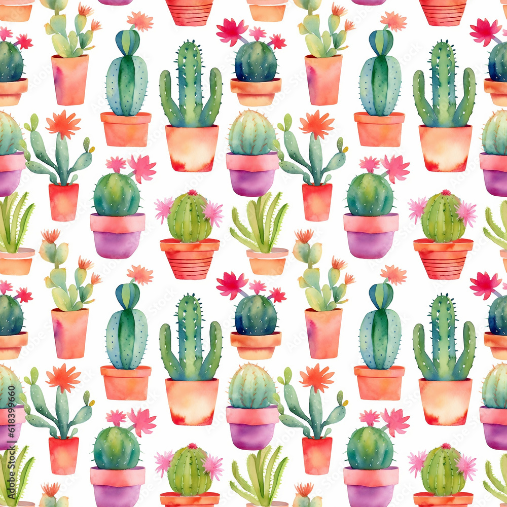 Watercolor seamless pattern with cacti and flowers. Flowers pots with cacti on white background. For wrapping paper, textile, wallpapers, postcards, greeting cards. AI Watercolor seamless pattern with cacti and flowers. Flowers pots with cacti on white background. For wrapping paper, textile, wallpapers, postcards, greeting cards. AI