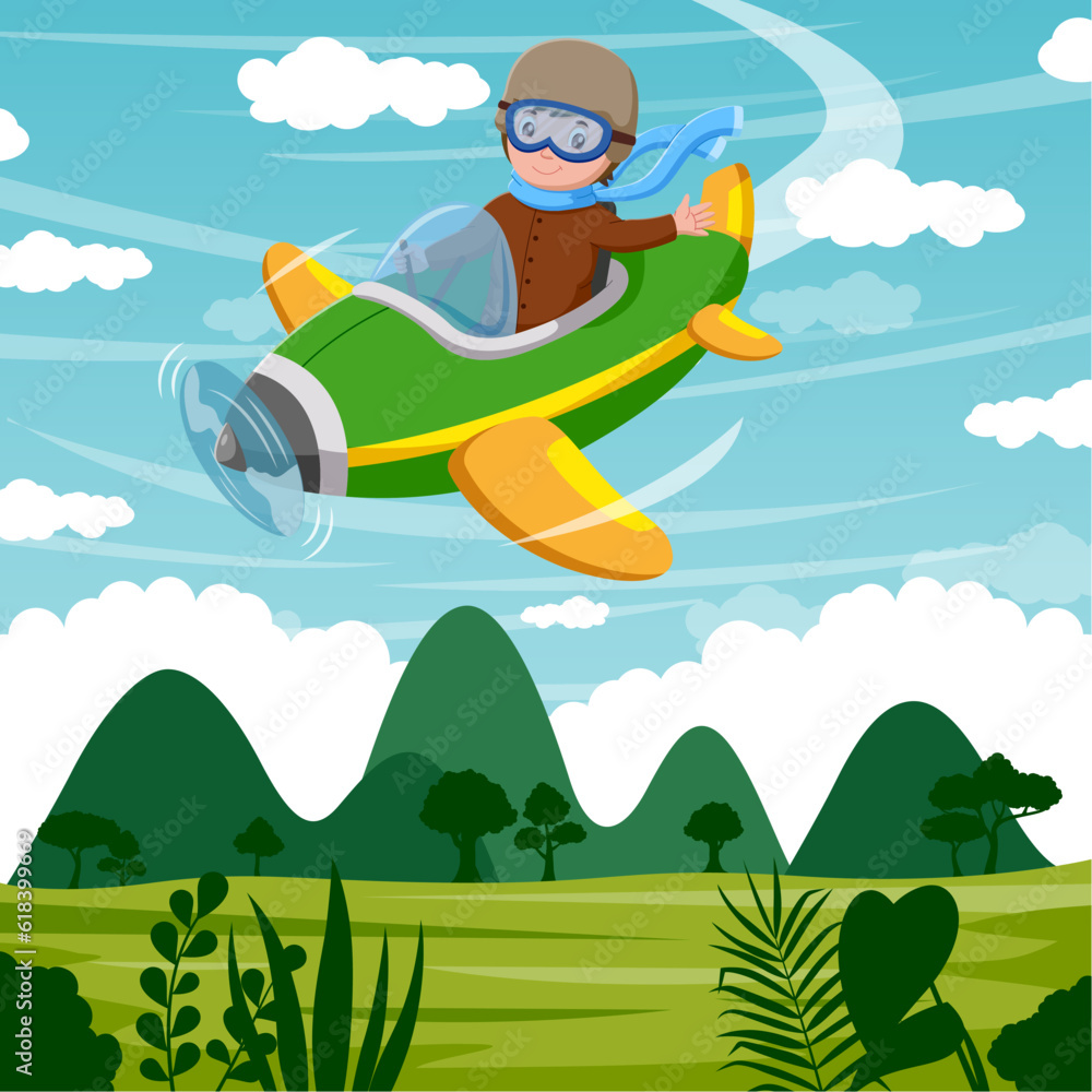 Happy Kid Flying In Airplane. Vector illustration
