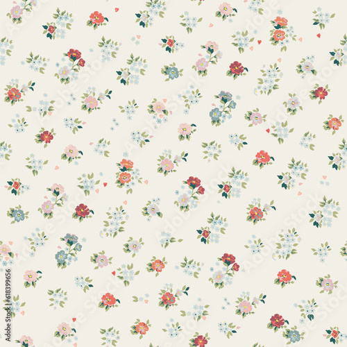 Fashionable pattern with small flowers on a light background. Seamless botanical print with various floral elements. Collection of vintage textiles.