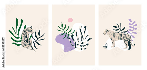 A set of three vector illustrations with a tiger and plants. Foliage drawing and abstract shapes. Minimalistic, natural artistic print with leaves and tigers. Wall Art