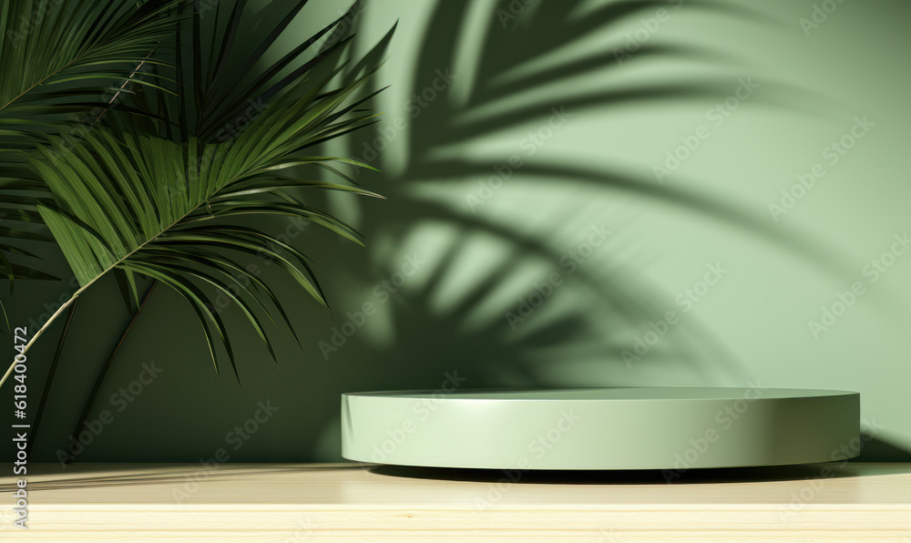 A modern green counter table top with a bamboo palm tree in sunlight and leaf shadow on a green wall background. 3D image for luxury organic cosmetic, skin care, and beauty treatment product display. A modern green counter table top with a bamboo palm tree in sunlight and leaf shadow on a green wall background. 3D image for luxury organic cosmetic, skin care, and beauty treatment product display.
