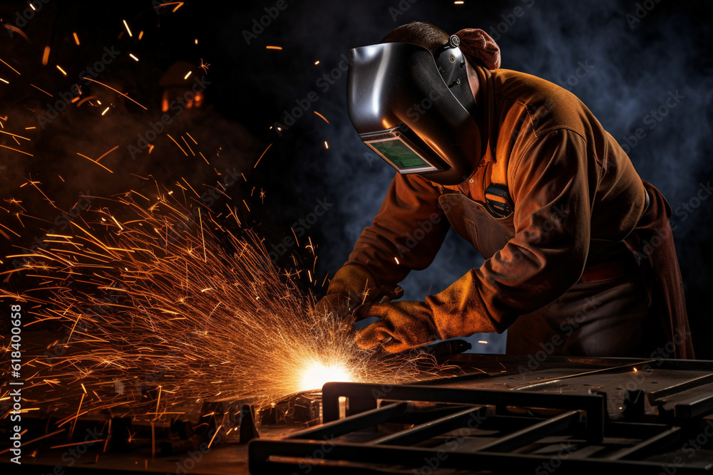 A Man skilled welder his job in factory with safety gear. (Generative AI) A Man skilled welder his job in factory with safety gear. (Generative AI)